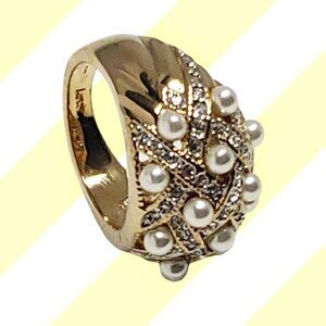 Criss-Cross Synthetic Pearls and Sparkling Crystals on Plated Gold - Size 9